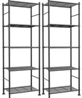 No Sweat Install Heavy Duty 5 Tier Metal Wire Shelving, Set Of 2 Compact Storage Racks with five open tiers in black.