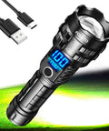 Ridiculously Bright 100000 Lumen Rechargeable Tactical Flashlight With XHP70.2 LED shown with USB-C cable and bright beam.