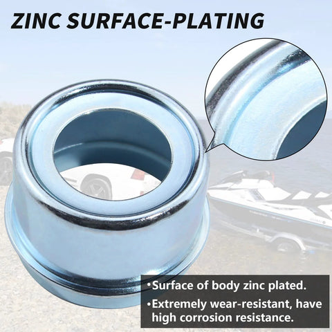 iBroPrat zinc-plated trailer axle dust cap cup for 1.98-in hub, front view with two rubber plugs