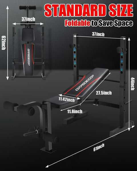 Beefy Heavy Duty Weight Bench Set With Squat Rack 600 Lb Capacity Adjustable Bench Press shown in folded position with dimensions