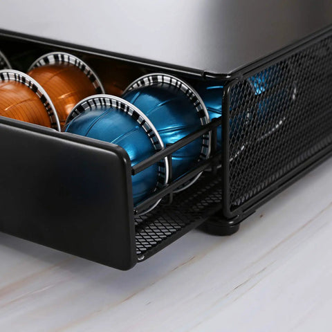 Close-up of Vertuo Capsule Storage Drawer for VertuoLine Pods Metal Organizer Holds 40 Capsules with mixed colors visible.
