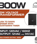 Heavy Duty 300 Watt Landscape Lighting Transformer With Dusk To Dawn Auto Sensor And Countdown Timer, 120V to 12V AC