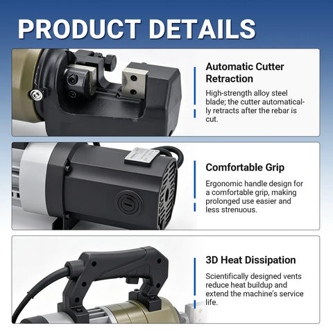 Heavy Duty 1800W Portable Electric Rebar Cutter For Steel Bars Up To 28mm features ergonomic grip and automatic cutter retraction.