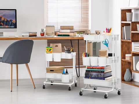 Rolling 3 Tier Storage Cart With Mobility And 3 ABS Baskets, Built To Last Powder Coated Steel Frame, 40 L Each, On Wheels, Perfect For Kitchen Office Toys And More, White Finish in an office setup