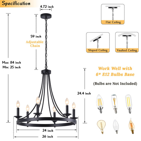 Specifications of Black Farmhouse Wagon Wheel Chandelier With Six Lights, 24 Inch Rustic Pendant Ceiling Light, Matte Iron Fixture