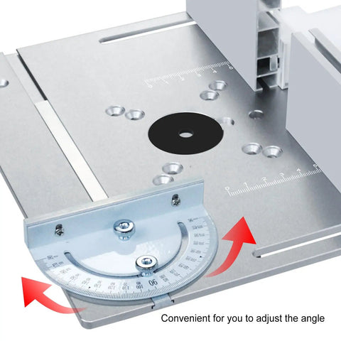 Heavy Duty Router Table Insert Aluminum Flip Plate With Adjustable Miter Guide Rail And Crisp Scale Markings for easy angle adjustments.