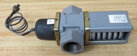 Two Way Water Regulating Valve Half Inch Size for Hydronic Systems, Smooth Pressure Modulation, Low Water Hammer, No Internal Jamming, High Shock Tolerance, Durable Pressure Actuator for Consistent Flow Control, side view with actuator and threaded port