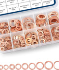 Copper Crush Washer Set for Oil Pan Plugs, 200 Piece Assortment in 9 Sizes, displayed in a clear plastic case
