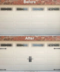 Before and after image of a garage door using Heavy Duty Magnetic Garage Door Hardware Kit 6 Piece Set for a stylish upgrade.