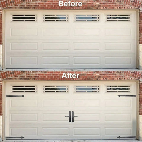 Before and after image of a garage door using Heavy Duty Magnetic Garage Door Hardware Kit 6 Piece Set for a stylish upgrade.