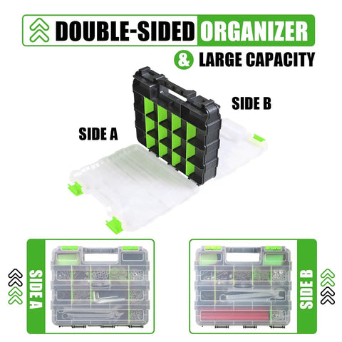 Double Sided 34 Compartments Tool Organizer Box With Clear Lid Removable Dividers For Hardware Screws Bolts Nails Beads Jewelry And Fishing Gear Green Two Pack showing side A and B