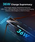 10500mAh NP-F970 Replacement Battery With PD 36W Fast Charging highlighting 36W charge supremacy and USB-C port