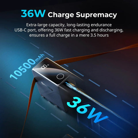 10500mAh NP-F970 Replacement Battery With PD 36W Fast Charging highlighting 36W charge supremacy and USB-C port