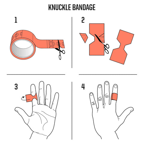 Knuckle bandage instruction diagram: orange adhesive strips, scissors cutting pieces, and a bandage applied to a finger.