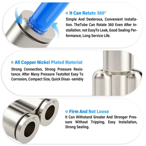 Push In Heavy Duty Pneumatic Fittings Tee And Straight Union Set One Quarter Inch OD Copper Nickel Plated Y Style