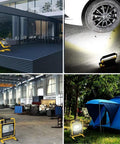 Spot Lighting 100W Rechargeable Led Work Light Portable Floodlight 600,，， used outdoors near a tent and on a deck.