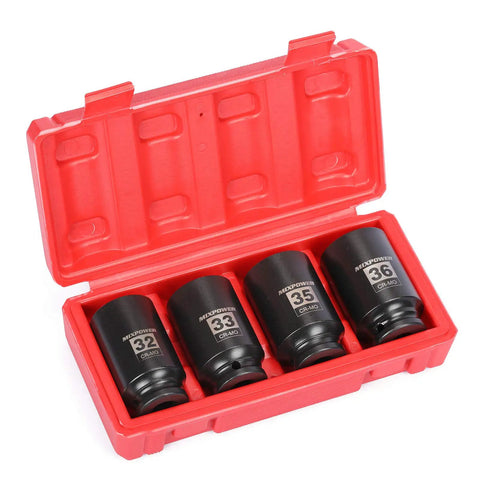 Beefy Four Piece Half Inch Drive Deep Impact Socket Set Six Point CR MO Steel Metric Sizes 32 33 35 36mm in red case
