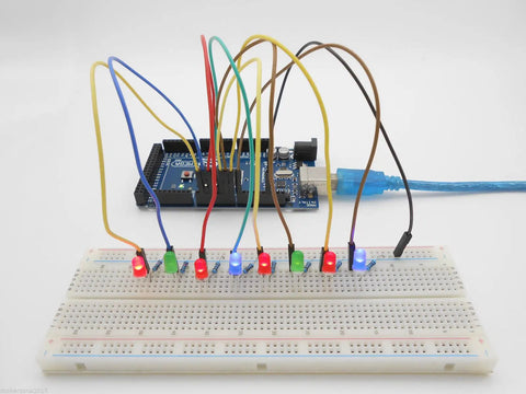 Ultimate STEM Electronics Starter Kit with Mega 2560 Board connected to breadboard with LEDs and jumper wires