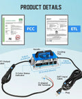 Product details of Beefy 48V LiFePO4 Battery Charger 1250W 58.4V 18A IP67 Waterproof, cables, cooling fan, FCC and ETL certifications.