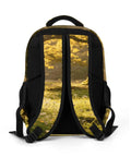 Back view of Mossy Forest Mushroom Printed Unisex Backpack with breathable straps and durable polyester material, adventure ready.