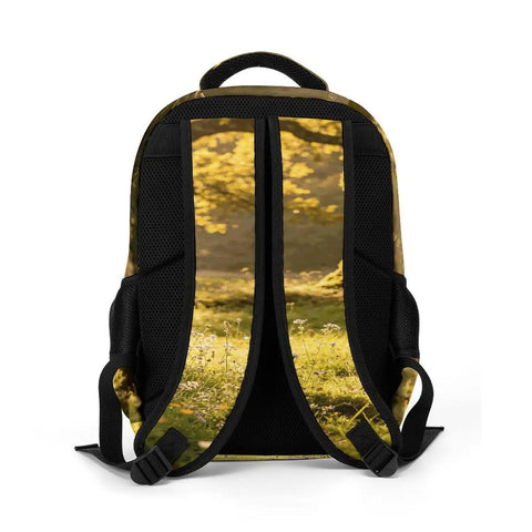 Back view of Mossy Forest Mushroom Printed Unisex Backpack with breathable straps and durable polyester material, adventure ready.