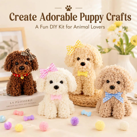 Extra Long Fluffy Chenille Pipe Cleaners Craft Kit 57-Piece Set With Colors, Noses, Eyes, Pom Poms, Collars, Bows And Decor Accessories For Totally Kid Friendly DIY Puppy And Animal Art Projects, with finished puppy crafts