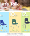 8, 10, and 12 inch school chairs in blue and green, showing age and height recommendations for classroom or homeschool use.
