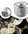Moka Pot Guard 304 Stainless Steel Anti Splash Valve That Prevents Coffee Splashing Isolated and In Use with Moka Pot