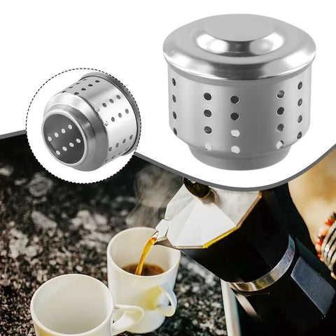 Moka Pot Guard 304 Stainless Steel Anti Splash Valve That Prevents Coffee Splashing Isolated and In Use with Moka Pot