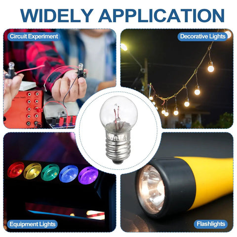 Twelve Piece Pack E10 Miniature Screw Base Light Bulbs 4.8 Volt 2.4 Watt Warm Yellow Glow used in circuits and decorative lighting.