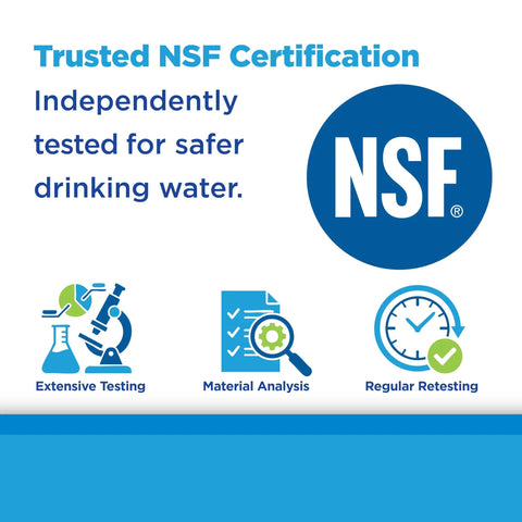 NSF certification for Premium Carbon FACT Universal Whole Home Water Filter For Large Capacity Systems NSF Certified Under 1 Micron.