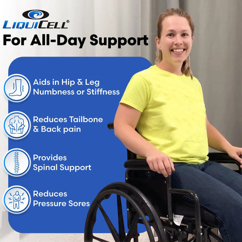 Ergo21 LiquiCell Seat Cushion 2 Inches Thick For Tailbone And Hip Pain Relief in use on a wheelchair for comfort and support.
