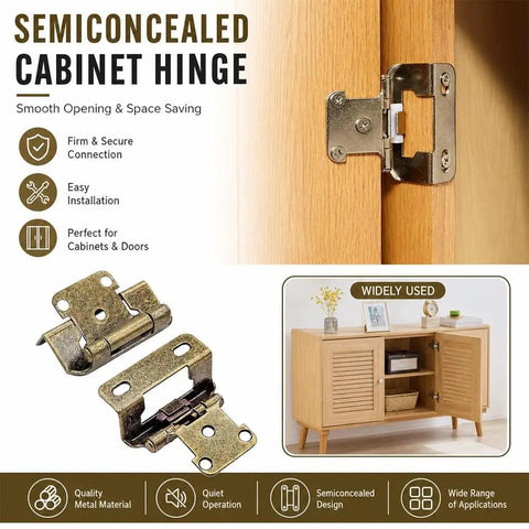 Semiconcealed cabinet hinge on wood, showcasing firm and secure connection, easy installation, and versatile usage on furniture.