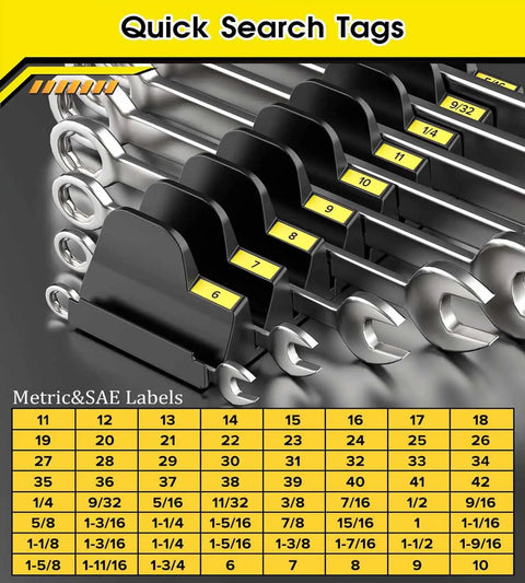 Magnetic Wrench Organizer Set For Tool Box, 50-Piece Modular Wrench Holder With Metric And SAE Labels, shown in use.