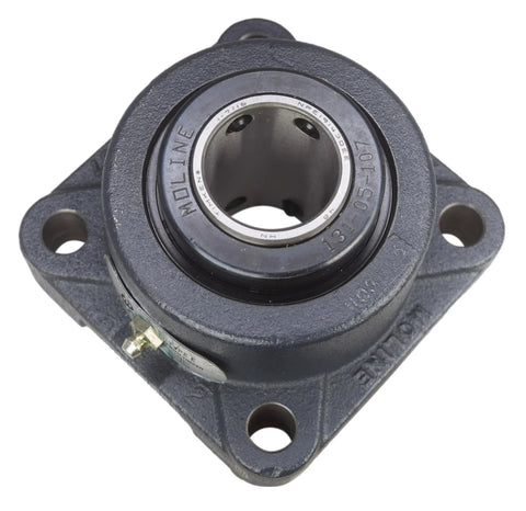Front view of Moline Type-E four-bolt flange bearing, 1-7/16 in bore, cast-iron housing