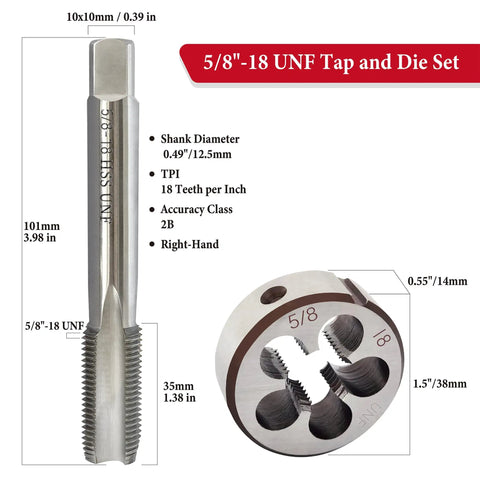 5/8-18 UNF Tap and Die Set HSS Beefed Up Right Hand Thread Tap and Round Die