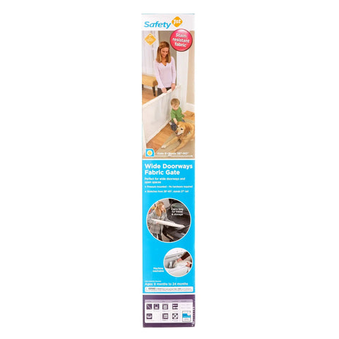 Packaging for Extra Wide Doorways Fabric Baby And Pet Gate Pressure Mounted for Openings 38 to 60 Inches, with images of gate in use