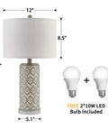 Three Way Touch Control 24 Inch Poly Table Lamp with beige shade and bulbs included, dimensions and decorative pattern shown.