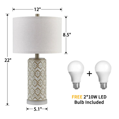 Three Way Touch Control 24 Inch Poly Table Lamp with beige shade and bulbs included, dimensions and decorative pattern shown.