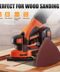 Person using a power sander with triangle pad from 156Pcs Oscillating Multi Tool Sanding Pads Kit With Triangle And Finger Pads, 5 Grits, High Temp Carbon Steel Backing, Hook And Loop, For Wood Metal Plaster, Ideal For Woodworking, Furniture Refinishing, Rust Removal And Surface Finishing on wooden surface.
