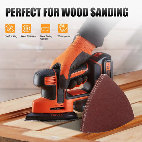 Person using a power sander with triangle pad from 156Pcs Oscillating Multi Tool Sanding Pads Kit With Triangle And Finger Pads, 5 Grits, High Temp Carbon Steel Backing, Hook And Loop, For Wood Metal Plaster, Ideal For Woodworking, Furniture Refinishing, Rust Removal And Surface Finishing on wooden surface.