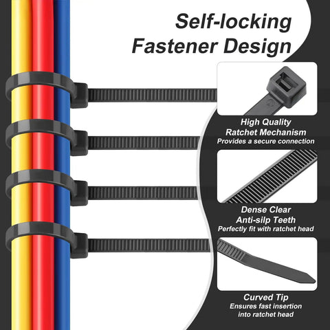 Assorted Black Zip Ties Kit With Five Sizes 4, 6, 8, 10, 12 Inches, 100 Pieces Each Size, 500 Pack For Electronics Cabling shown securing cables.