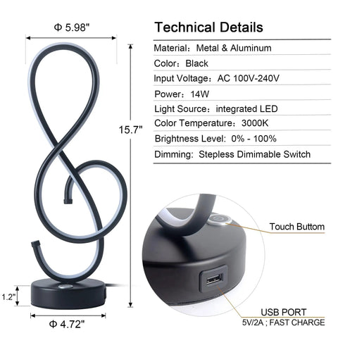 Dope Musical Note Modern Table Lamp With USB Port LED Bedside Nightstand Light Touch Dimmable Stepless Control Black Matte