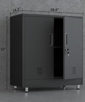 Sturdy Metal Storage Cabinet With Locking Doors And Adjustable Shelves Perfect Lockable Sideboard For Your Home Office Hallway Entryway Living And Dining In Black, shown from front with door ajar.