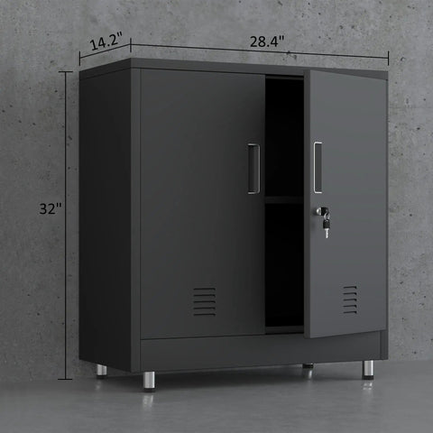Sturdy Metal Storage Cabinet With Locking Doors And Adjustable Shelves Perfect Lockable Sideboard For Your Home Office Hallway Entryway Living And Dining In Black, shown from front with door ajar.