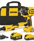 Heavy Hitting 20V Brushless Impact Wrench And Smooth 3/8 Inch Ratchet Combo Kit includes wrench, ratchet, batteries, and carrying case.