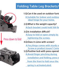Folding table leg bracket with QA information, featuring heavy duty self locking hinges for easy installation.