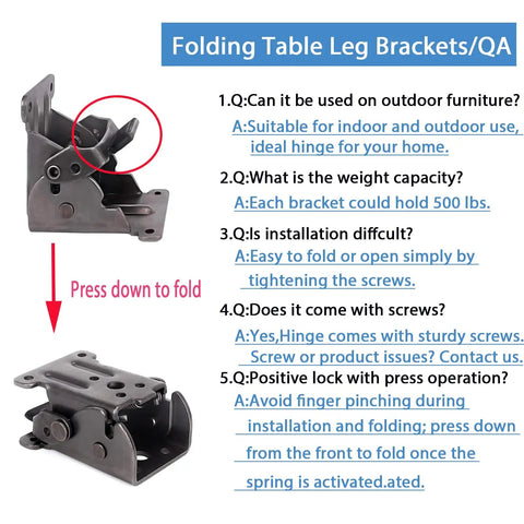 Folding table leg bracket with QA information, featuring heavy duty self locking hinges for easy installation.