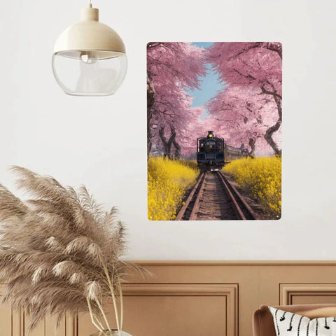Vintage Steam Train Under Cherry Blossom Tunnel Metal Tin Sign 12x16 Inch displayed in living room decor setup