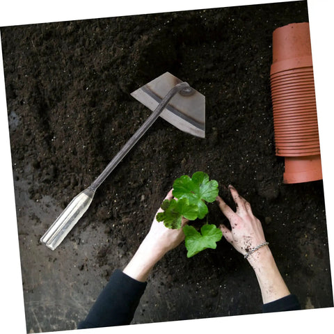 4-Piece Garden Hoe Set For Weeding And Soil Loosening next to hands planting in soil with wear-resistant blade visible